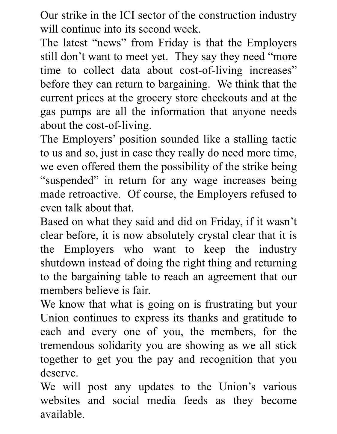 Strike Notice 3 Ici Strike Continues Into Its Second Week Local 249